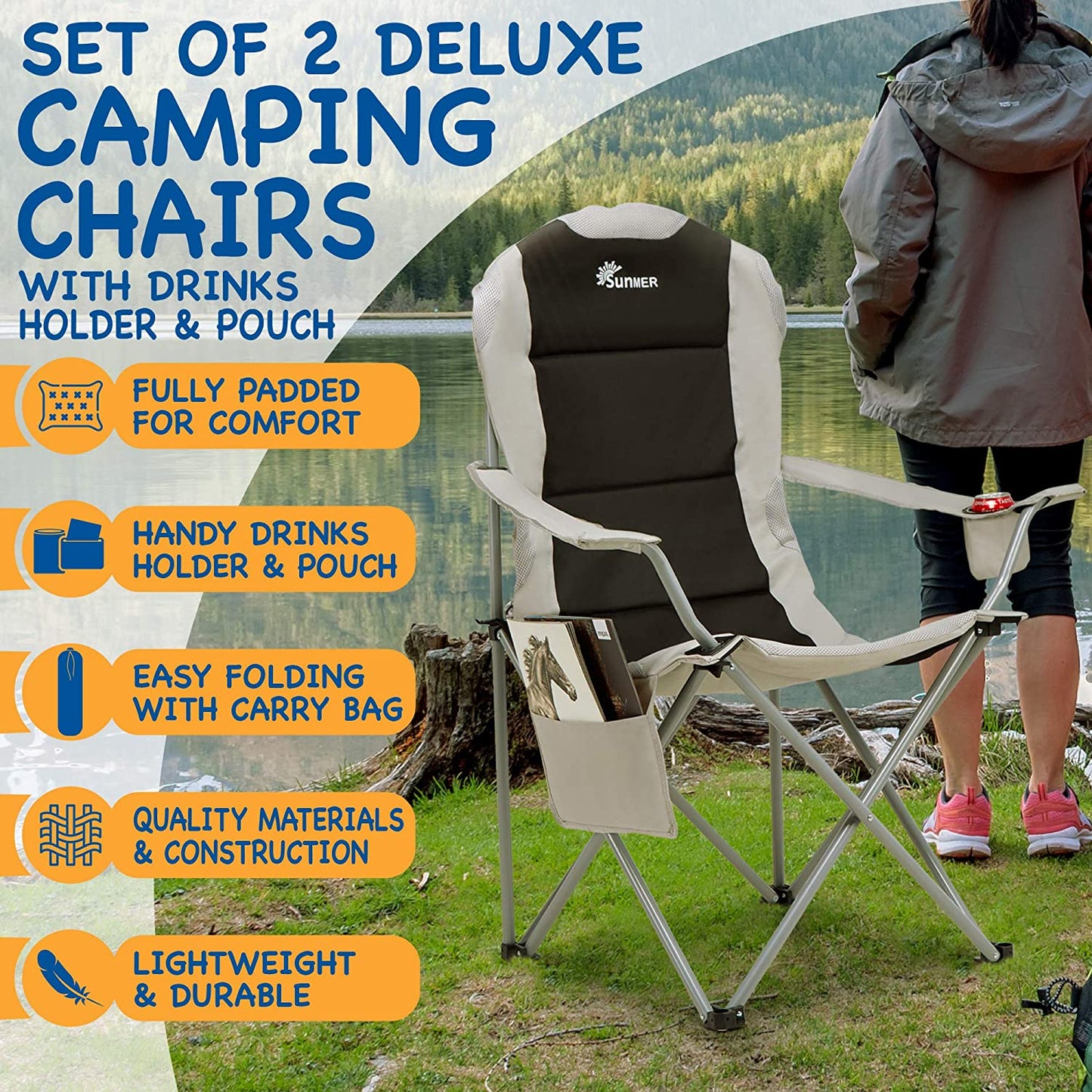 Padded Camping Chairs - Set of 2 Deluxe Folding Chairs with Cup Holder and Side Pockets, Holds up to 120Kg - Lightweight 3.3Kg per Chair - Black & Grey