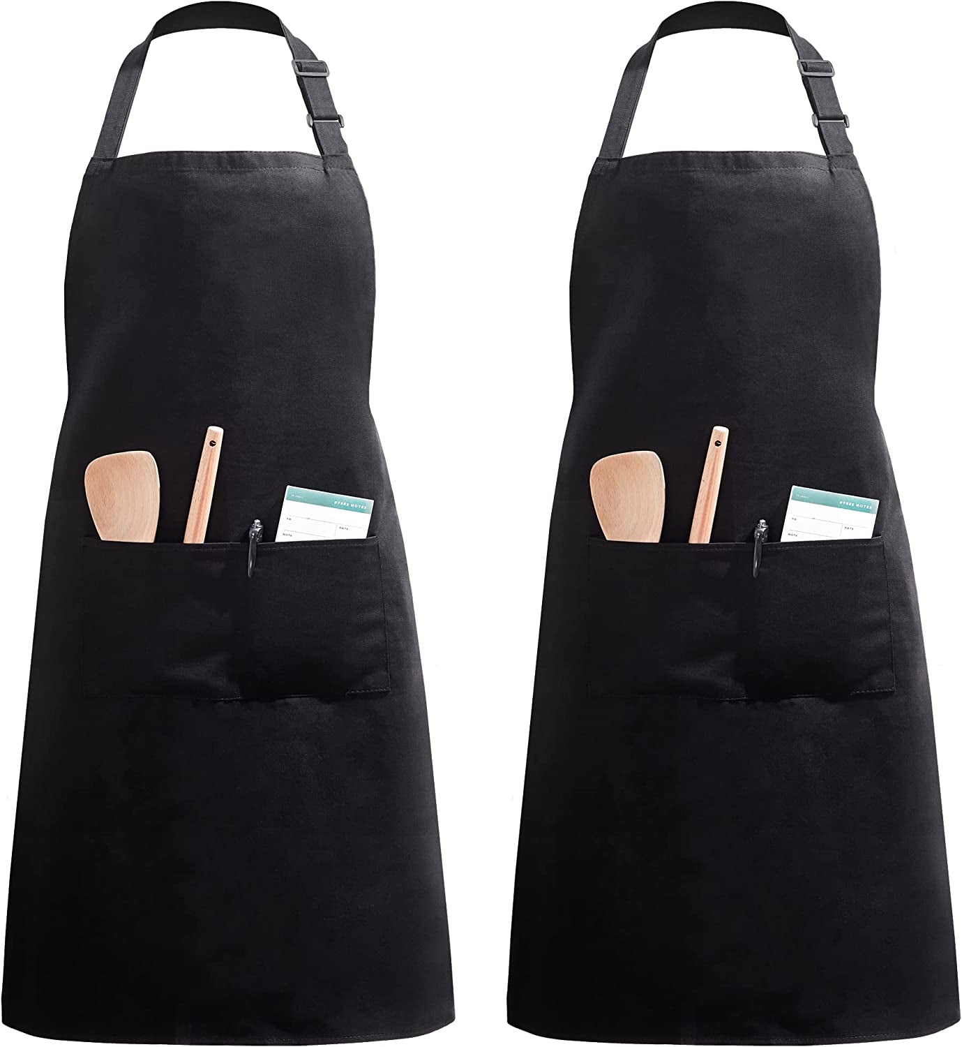 2 Pack Unisex Adjustable Bib Apron with 2 Pockets Cooking Kitchen Chef Women Men Aprons for Home Kitchen, Restaurant, Coffee House (Black Polyester)