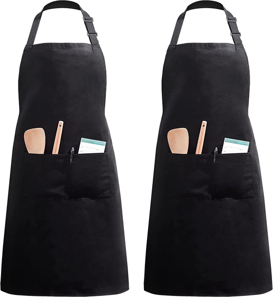 2 Pack Unisex Adjustable Bib Apron with 2 Pockets Cooking Kitchen Chef Women Men Aprons for Home Kitchen, Restaurant, Coffee House (Black Polyester)