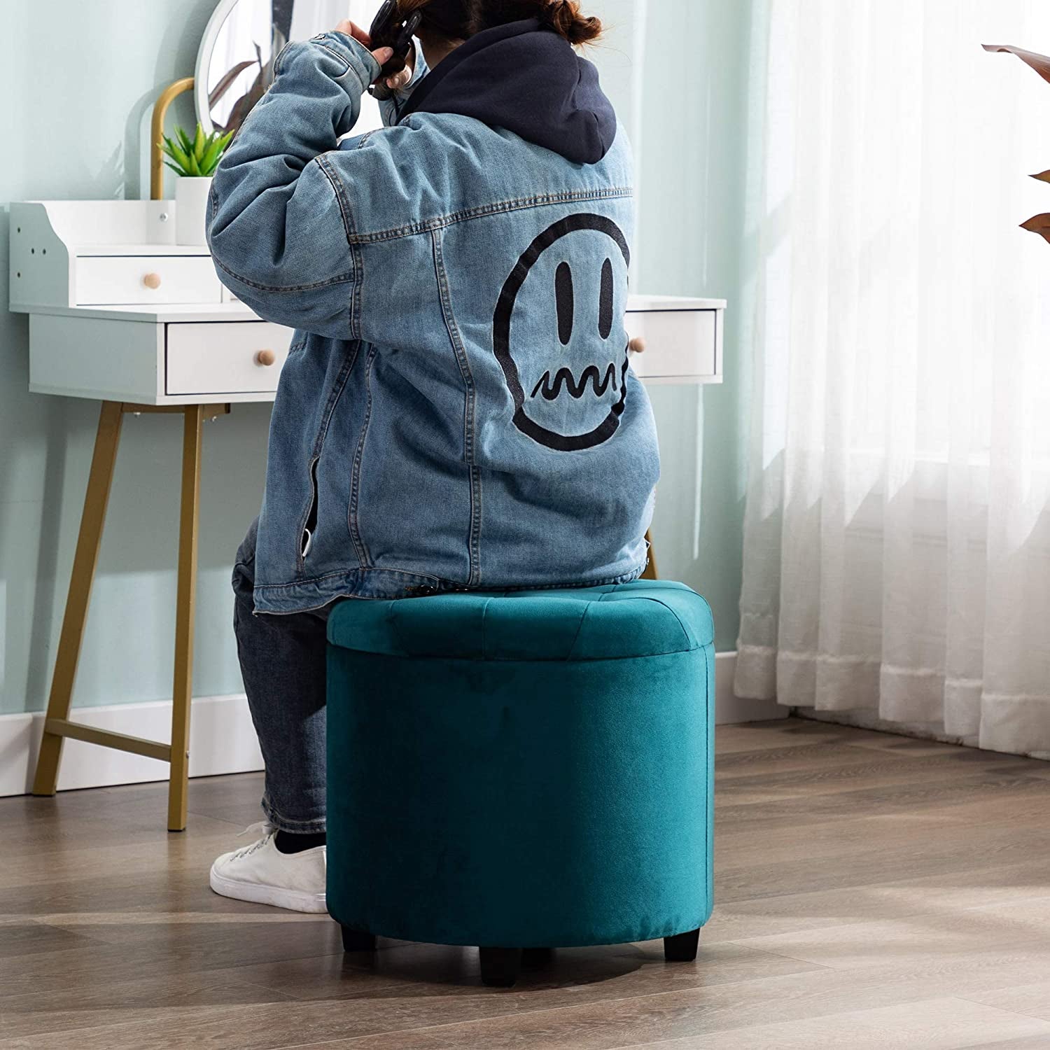 45Cm round New Velvet Padded Seat Ottoman Storage Stool Box, Footstool Pouffes Chair with Lids (Teal, Velvet)