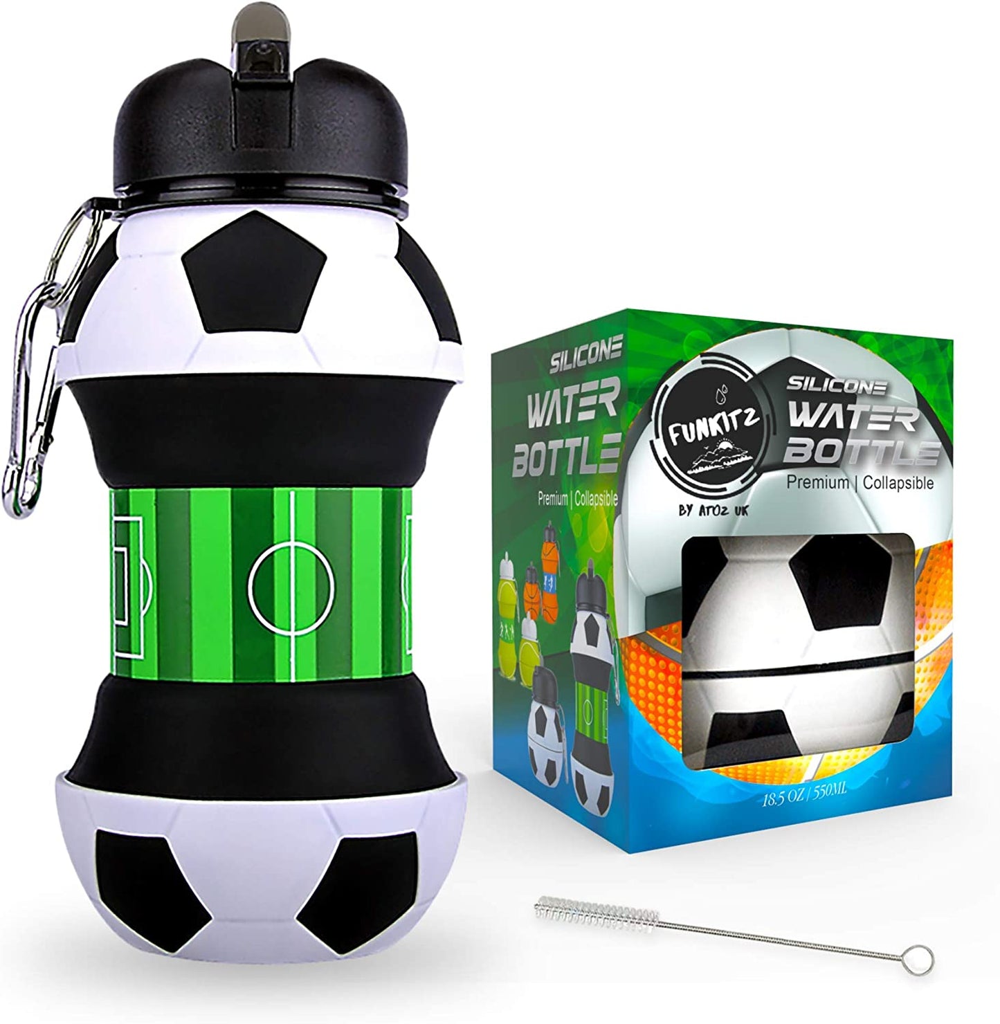 Football Water Bottle - Unique Football Gifts for Boys and Girls - Cool Kids Water Bottle, Collapsible, Leakproof - Boys Water Bottle - BPA Free - 550 Ml