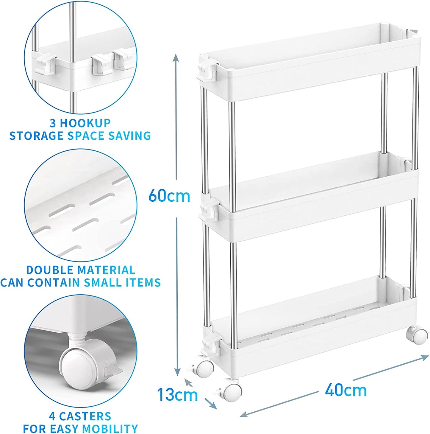 Storage Trolley 3-Tier Slim Storage Cart Slide Out Rolling Utility Cart Mobile Shelving Unit Trolley Organizer Cart for Kitchen Bathroom Laundry Office, Plastic & Stainless Steel, White