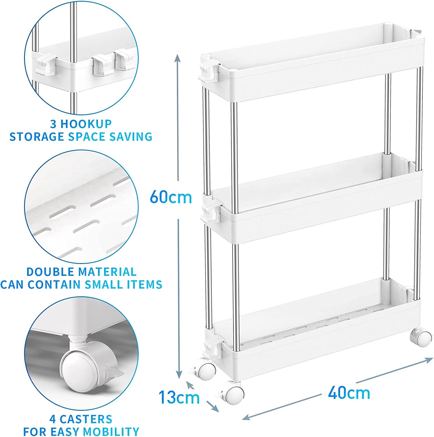 Storage Trolley 3-Tier Slim Storage Cart Slide Out Rolling Utility Cart Mobile Shelving Unit Trolley Organizer Cart for Kitchen Bathroom Laundry Office, Plastic & Stainless Steel, White