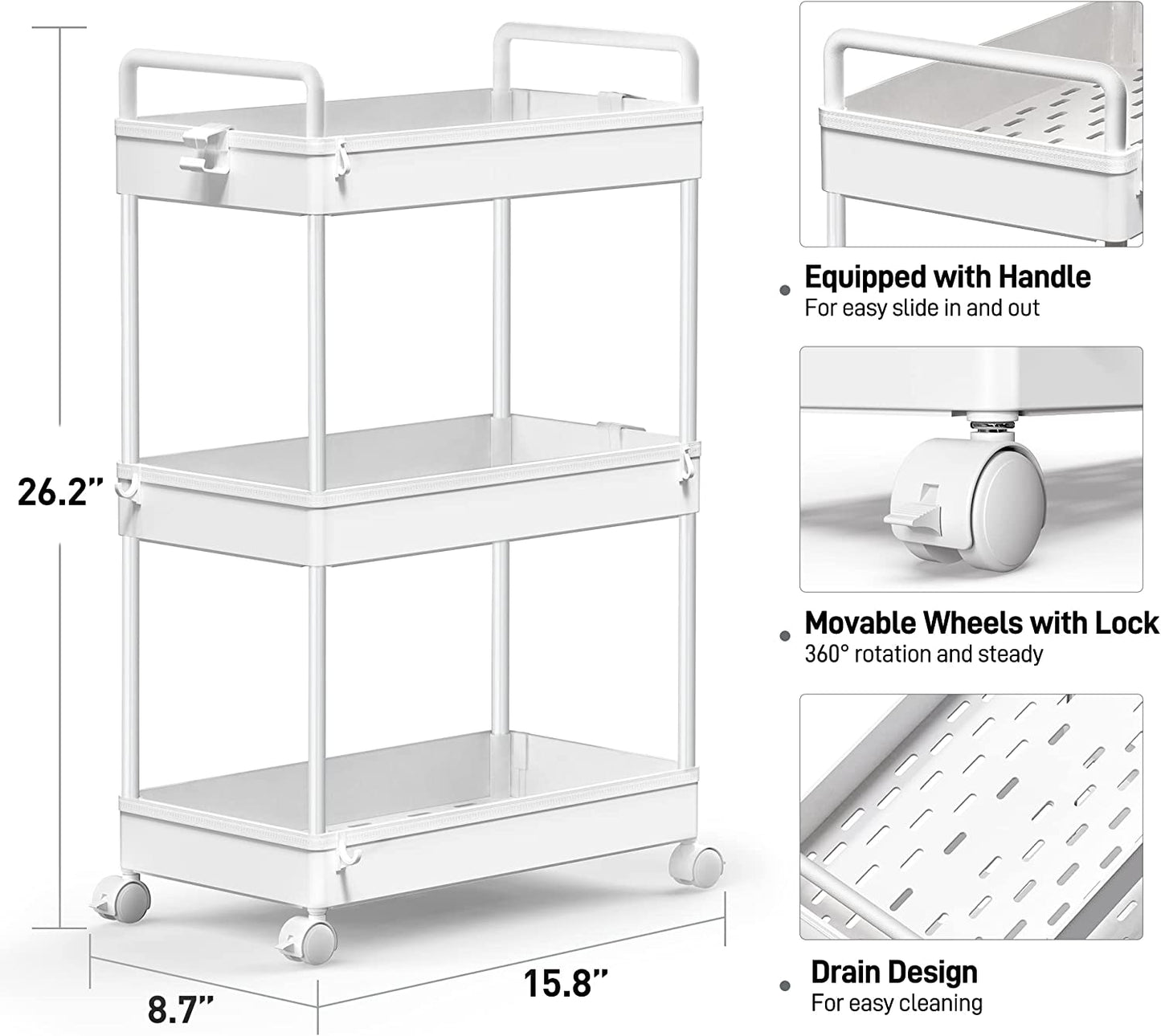 3-Tier Storage Trolley Cart Slide-Out Rolling Utility Cart Mobile Storage Shelving Organizer for Kitchen, Bathroom, Laundry Room, Bedroom, Narrow Places, Plastic,White