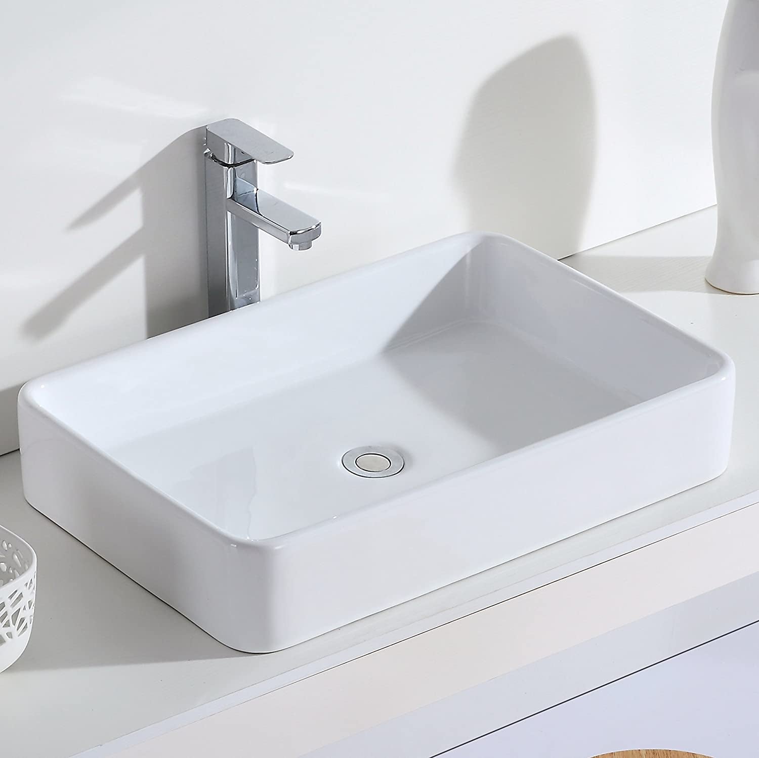 [Series Nevada Bathroom Sink, Gloss White Ceramic Countertop Wash Basin Square Bathroom Sink Countertop Mounted for Lavatory Vanity Cabinet