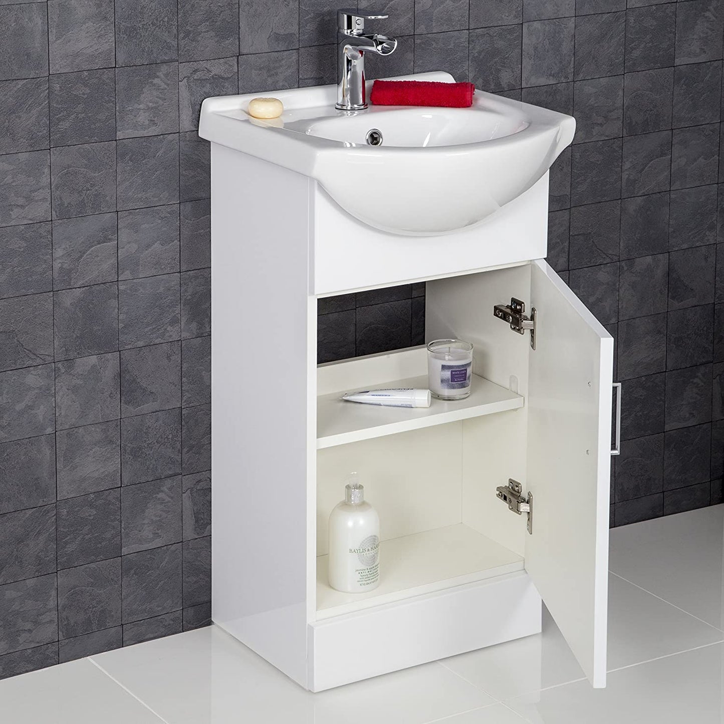 450Mm Bathroom Vanity Unit & Basin Sink Floorstanding Gloss White Tap + Waste