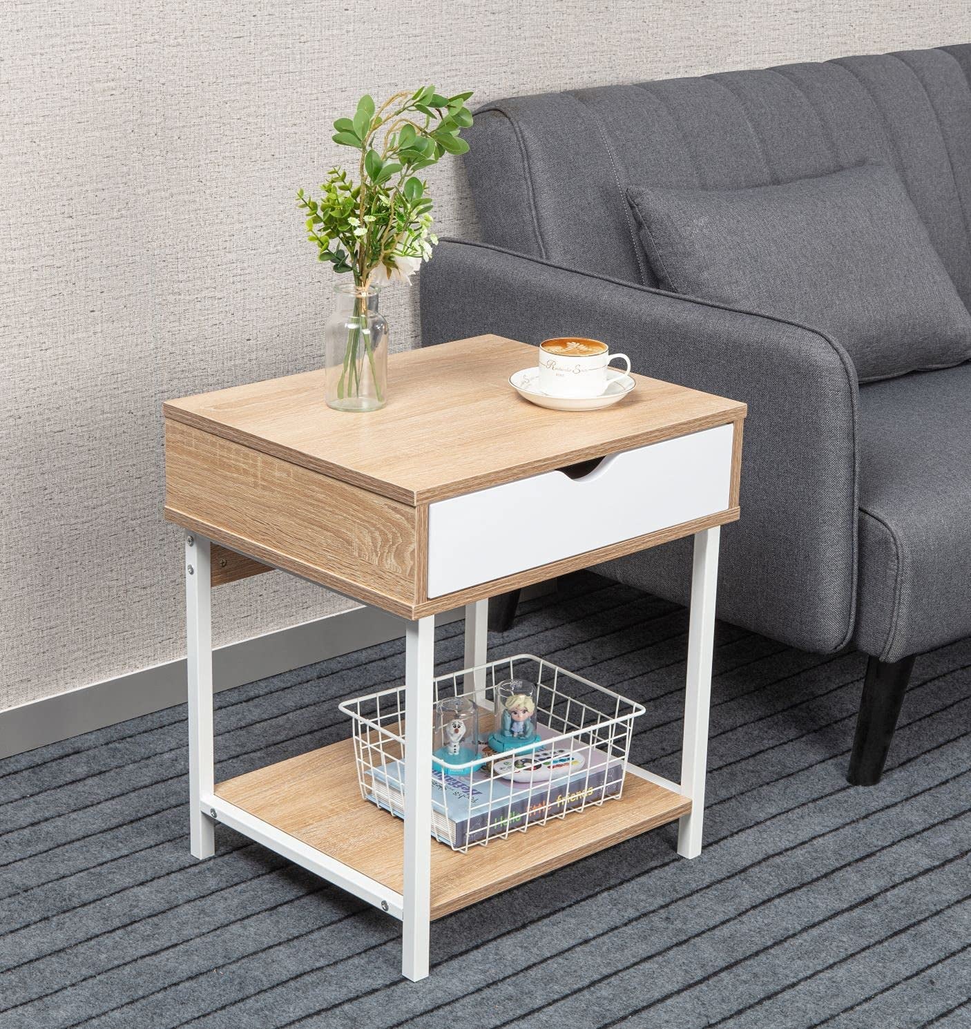 Side End Table, Nightstand, Bedside Table with Drawer and Storage Shelves, Sofa Table for Living Room, Bedroom, Accent Furniture, Easy Assembly, Oak White