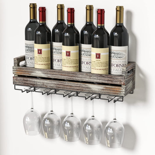 Wall Mounted Rustic Wood Wine Storage Rack with Metal Glass Holder, Holds 6 Bottles, 5 Glasses, Decorative for Home Bar, Dining Room, Kitchen - MK566A