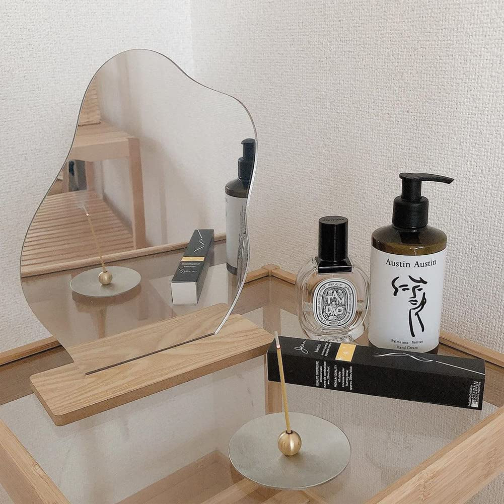 Acrylic Makeup Mirror Frameless Decorative Vanity Table Mirror Makeup Irregular Shape with Wooden Base for Bedroom,Living Room and Minimal Spaces Room Decor (A)