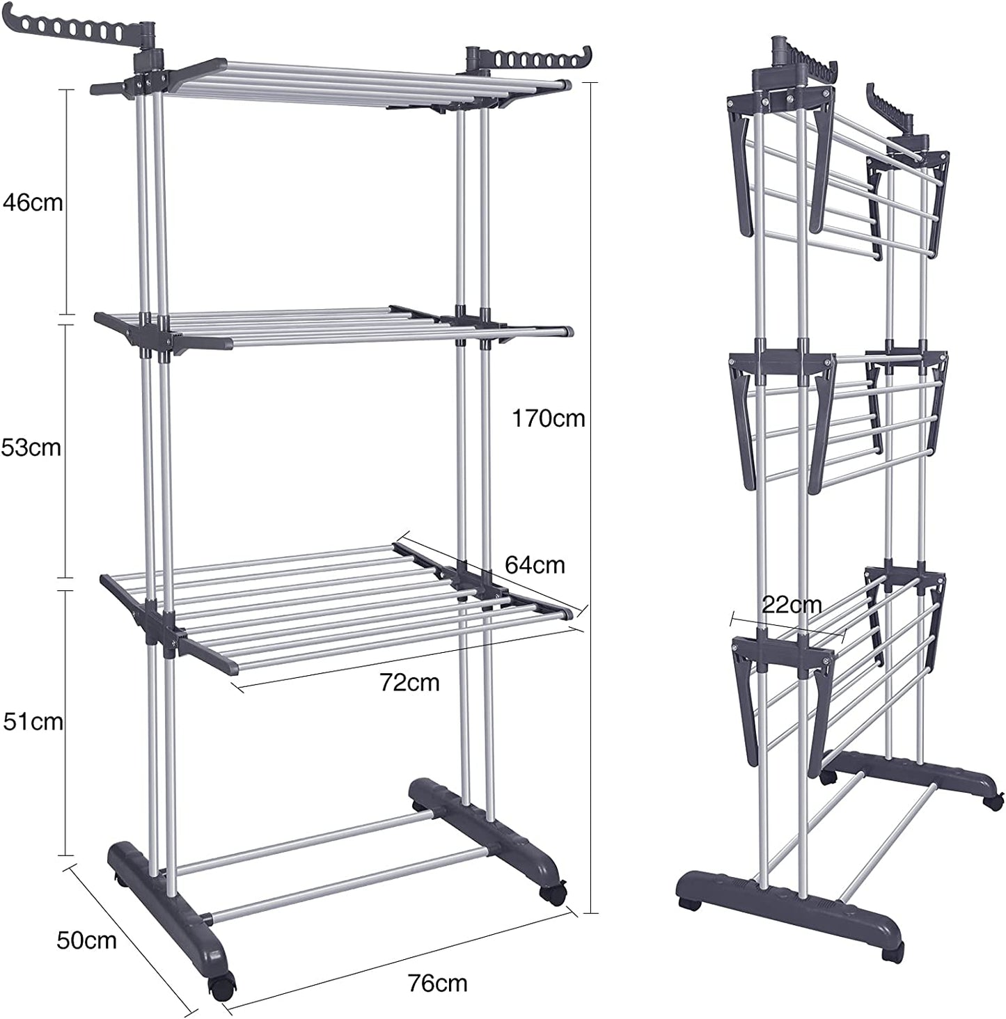 Clothes Drying Rack 4-Tier Foldable Standing Garment Dryer Collapsible Movable Laundry Airer with 4-Wheels for Home Storage Indoor (Grey)