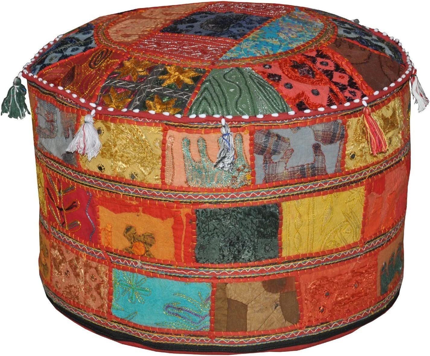India Floor Cotton Ottoman Embellished with Patchwork and Embroidery Work Cushion Cover