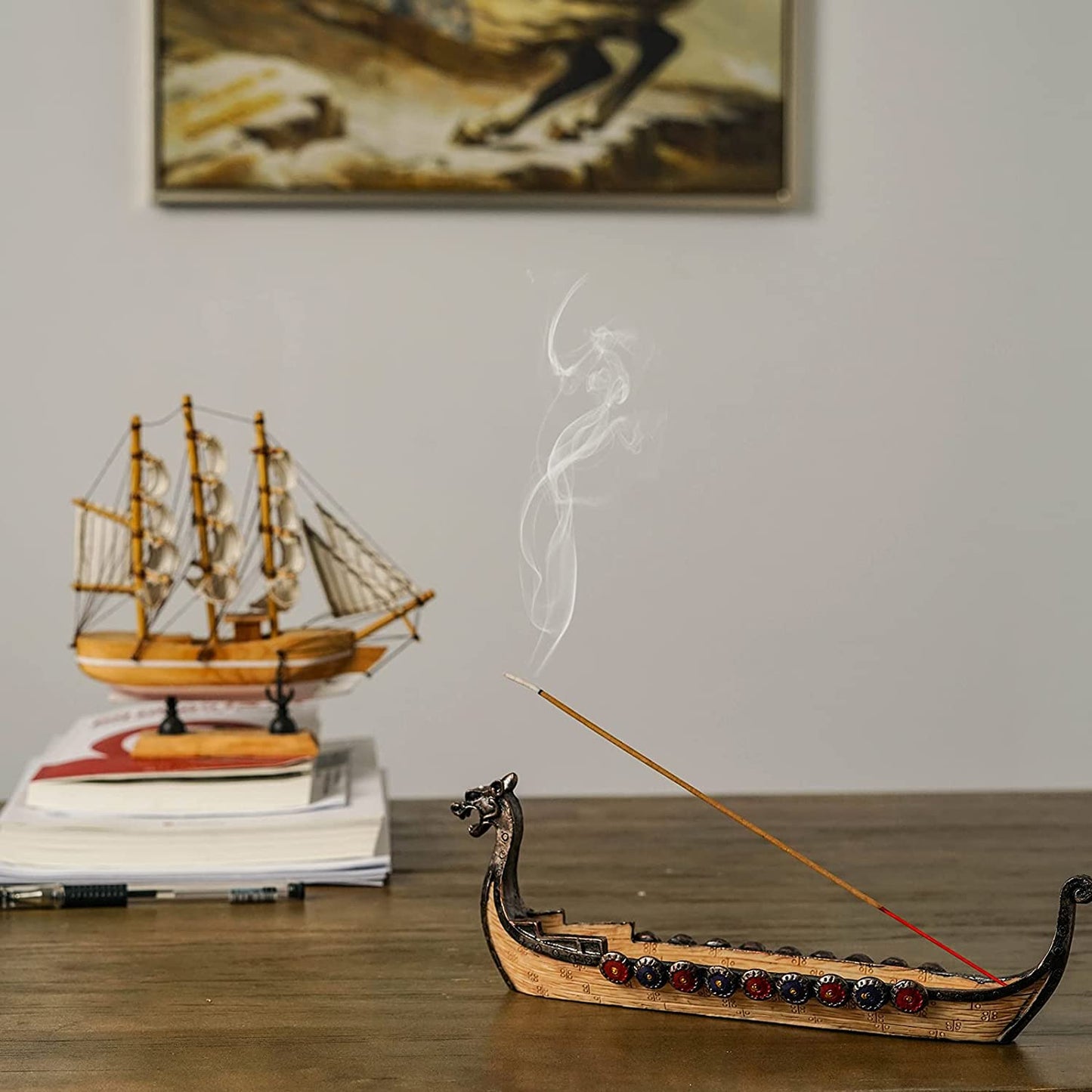 Dragon Boat Incense Stick Burner Resin Viking Ships Stick Incense Holder Hand Carved Carving Censer Ornaments Retro Ships Ornament Incense Burners Traditional Design Handicraft,Viking Gifts for Men