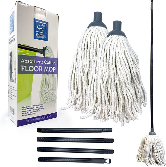 Cotton Floor Mops High Quality Mop System with Super Absorbent Cotton Mop Head, 110Cm Metal Mop Handle and Extra Mop Head Refill Effective Cleaning Mop for Home, Office and Commercial Use