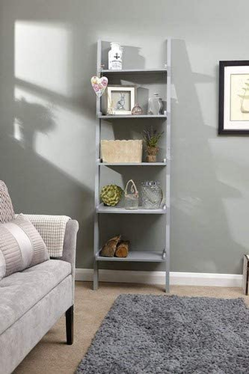 - 5 Shelf Ladder Bookcase Grey Decorative Ornament Stand Modern Wooden