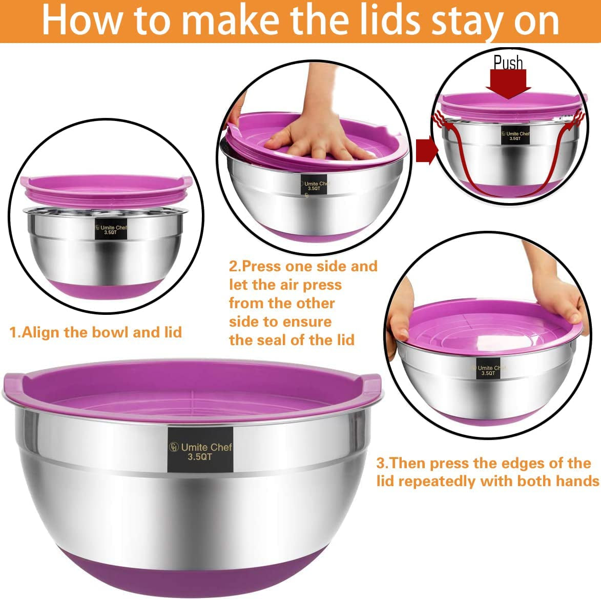 Mixing Bowls with Airtight Lids, 6-Piece Stainless Steel Metal Bowls by , Measurement Marks & Colorful Non-Slip Bottoms Size 7, 3.5, 2.5, 2.0,1.5, 1QT, Great for Mixing & Serving