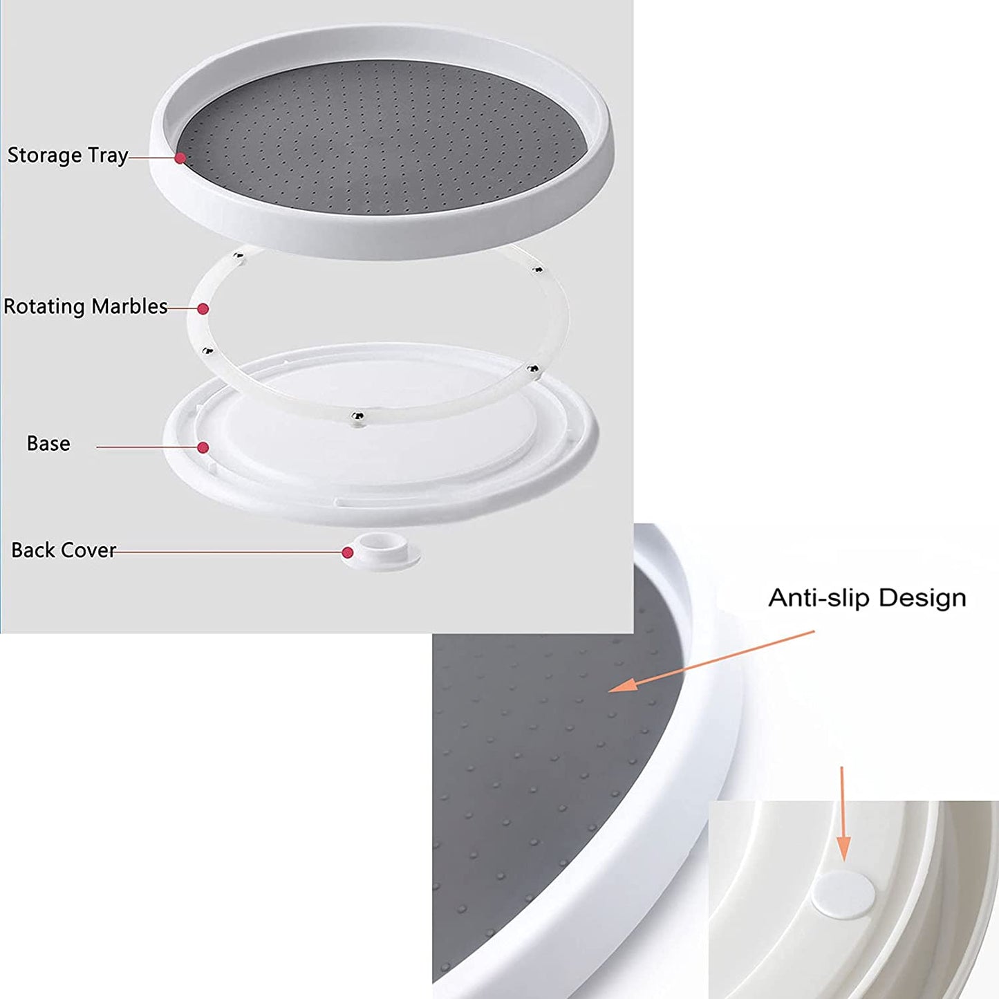 Lazy Susan Turntable Cupboard Organizer, Rotating Spice Rack for Kitchen Storage & Organisation, Non-Slip Condiment Holder, White Plastic Storage Tray Organiser for Kitchen and Pantry