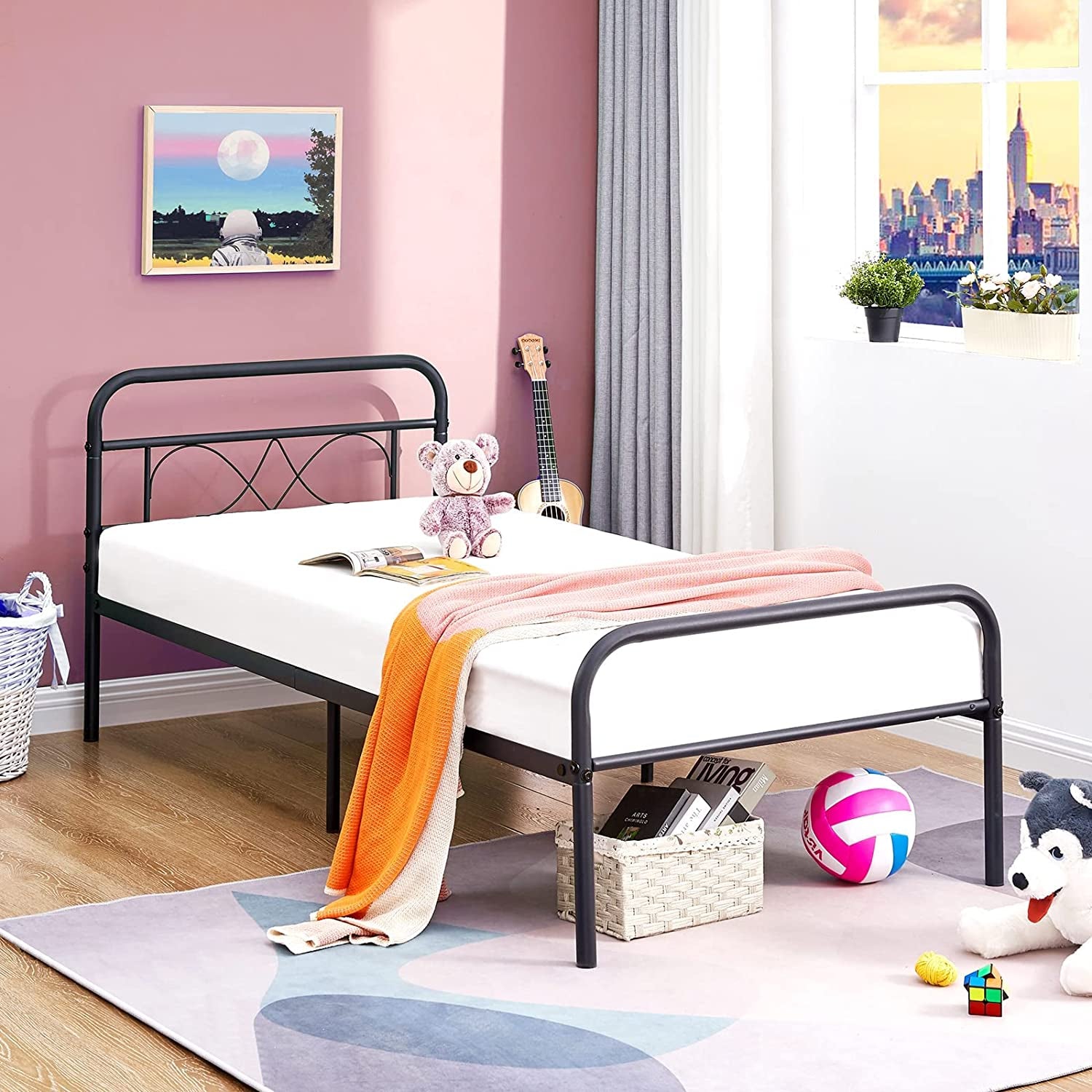 Single Bed Frame Headboard 3Ft Single Metal Bed Frame Solid Bedstead Base for Children Kids Adults Black Fits for 90 * 190 Cm Mattress Black