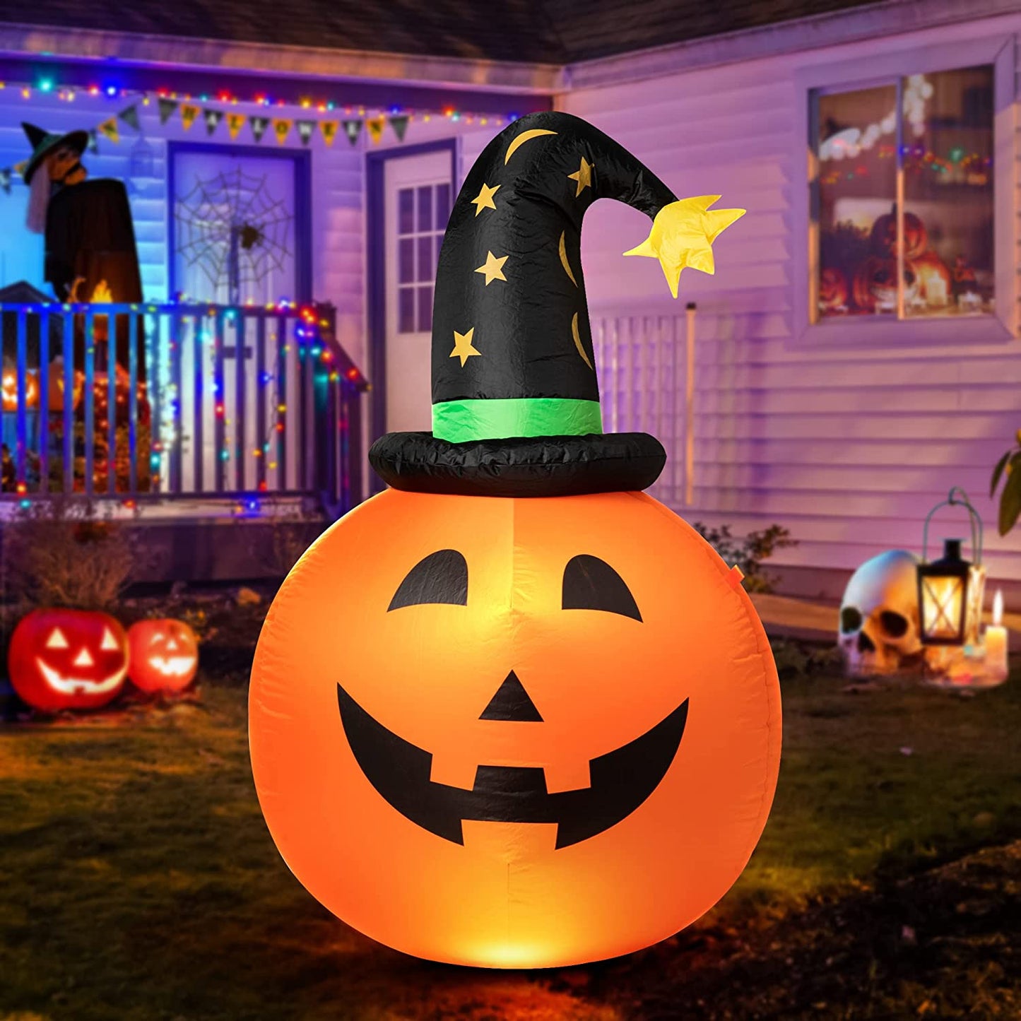 Halloween Decorations Outdoor Inflatable Pumpkin with Witch Hat 1.1M with LED Lights for Halloween Yard Decoration and Party