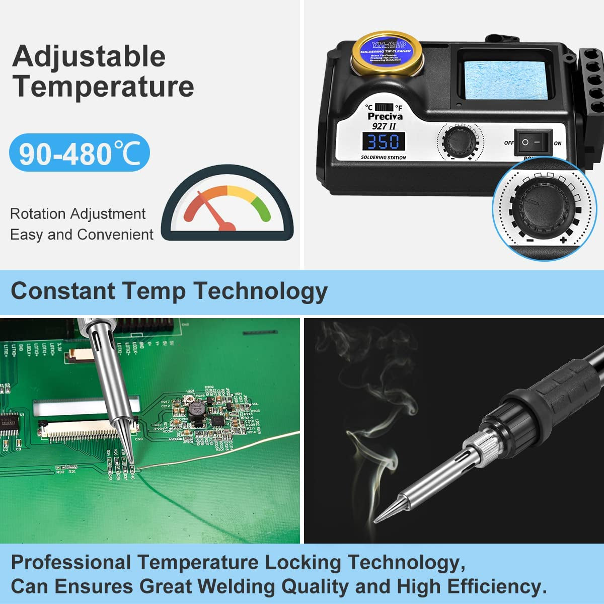 Soldering Iron Station, 60W Professional Digital Soldering Station, 90-480℃ Temperature Adjustable Repair Tool Kit with Soldering Tips, Solder Wire and Frame, Sponge, Suction Device, Etc.