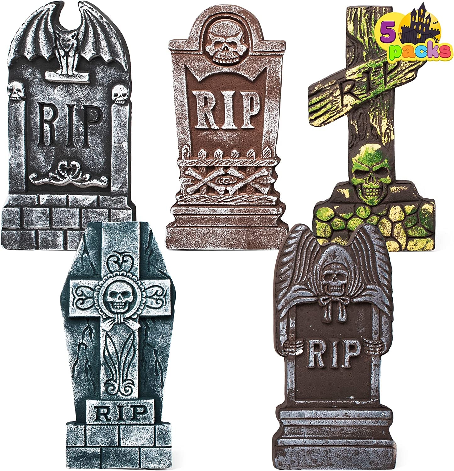 17”/43Cm Halloween Foam RIP Graveyard Tombstones (5 Pack), Headstone Decorations and 12 Bonus Metal Stakes for Halloween Yard Decorations