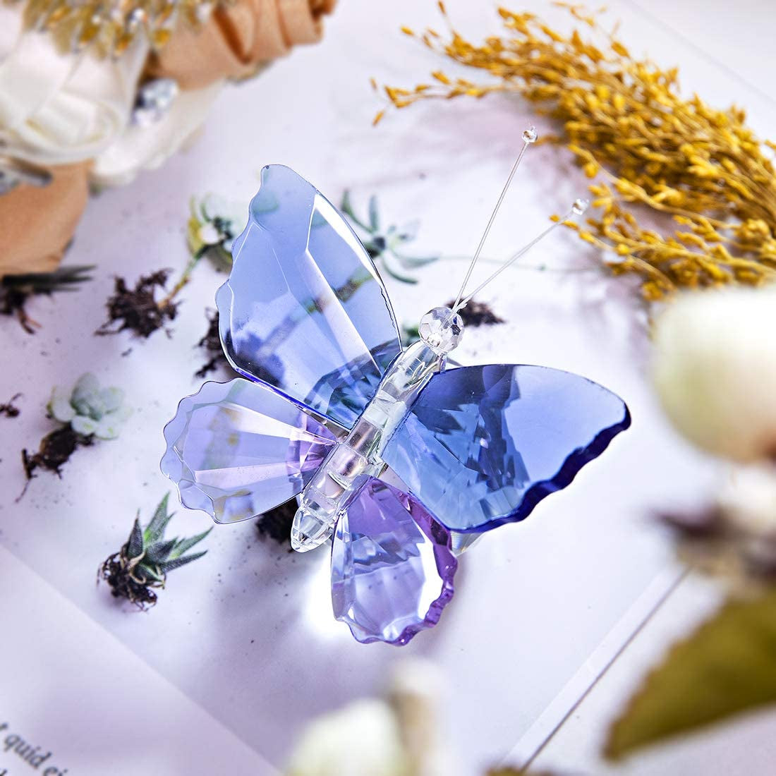 Blue and Purple Glass Butterfly with Ball Base, Decorative Paperweight Ornament Crystal Figurine for Living Room,Souvenir Birthday Gifts Home Decor