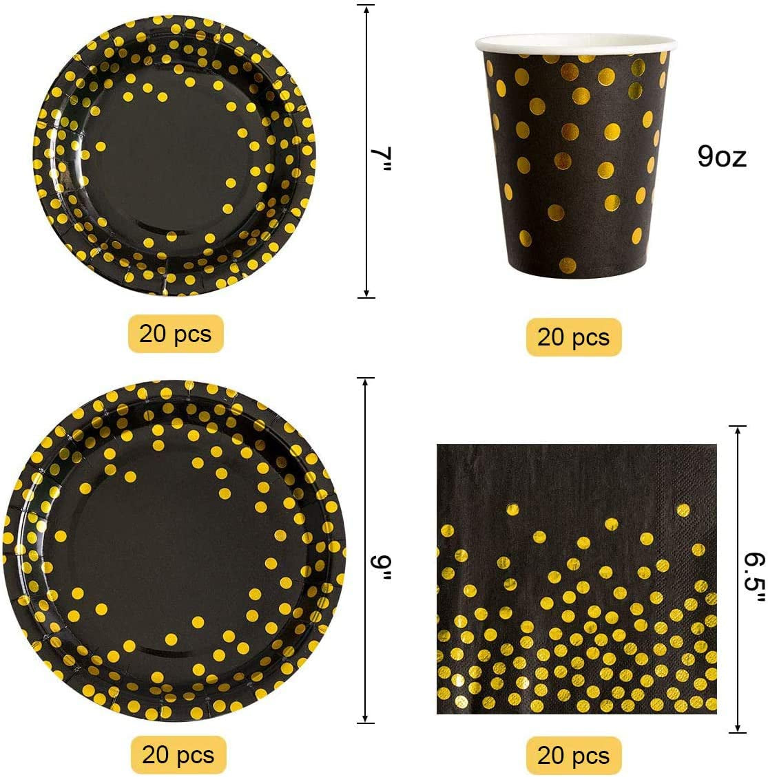 Party Tableware,141 Pcs Foil Dots Party Supplies Party Tableware, Dinnerware Set, Party Paper Cups Plates Napkins Cutlery,For Birthday,Weddings,Anniversary Decorations (20 Guests) (Black Gold)