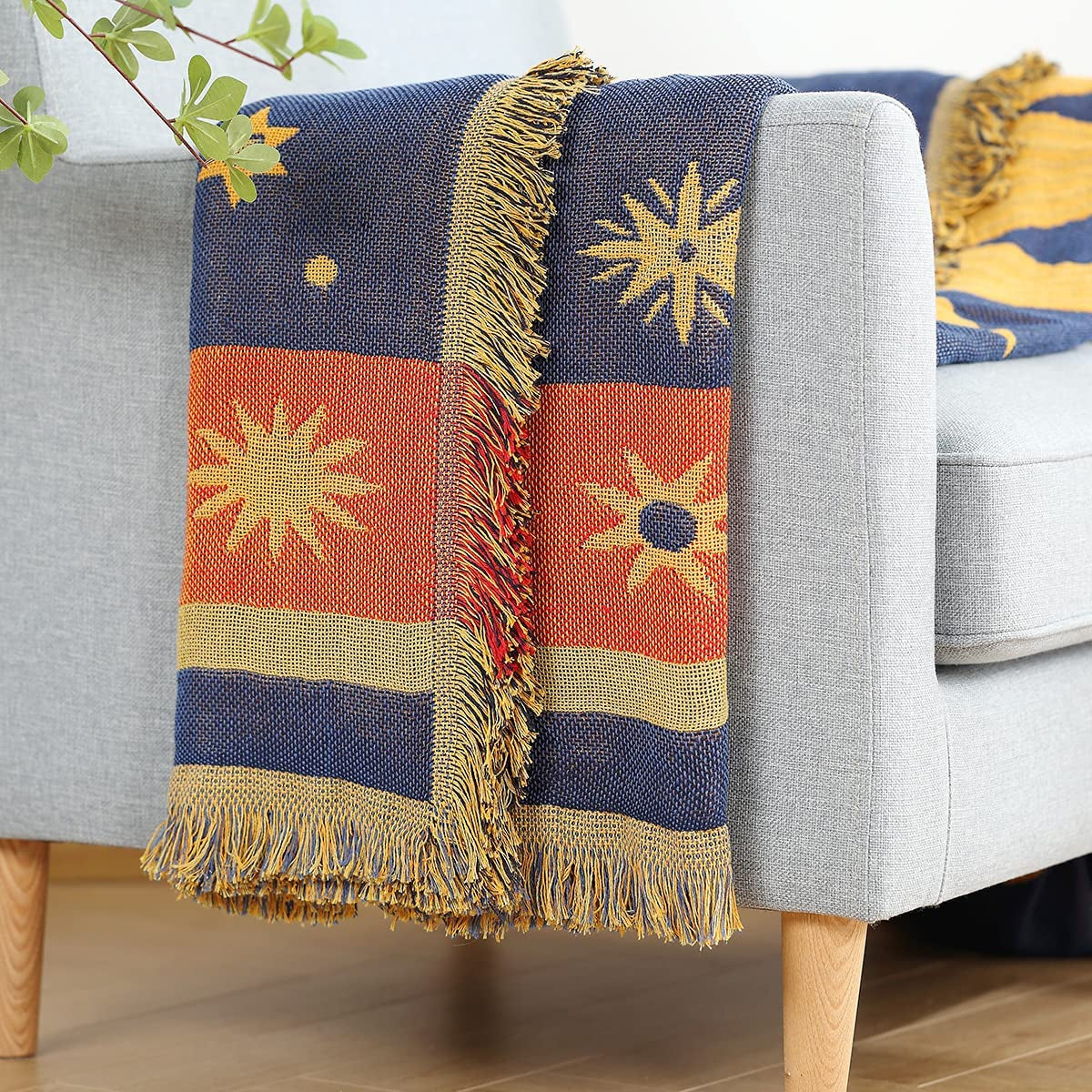 Decorative 100% Cotton Woven Throw Blanket Sofa Towel Cotton Warm Slipcover 130 X 180Cm (Sun Moon Stars)