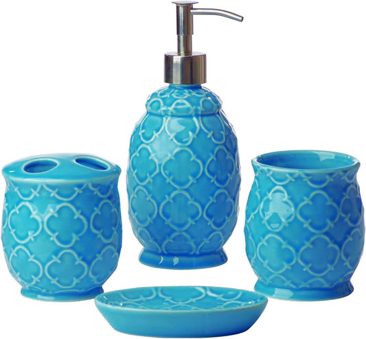 Bathroom Designer 4-Piece Ceramic Bath Accessory Set - Includes Liquid Soap or Lotion Dispenser W/Toothbrush Holder, Tumbler, Soap Dish - Moroccan Trellis - Bath Accessories Set - Holds 461Ml