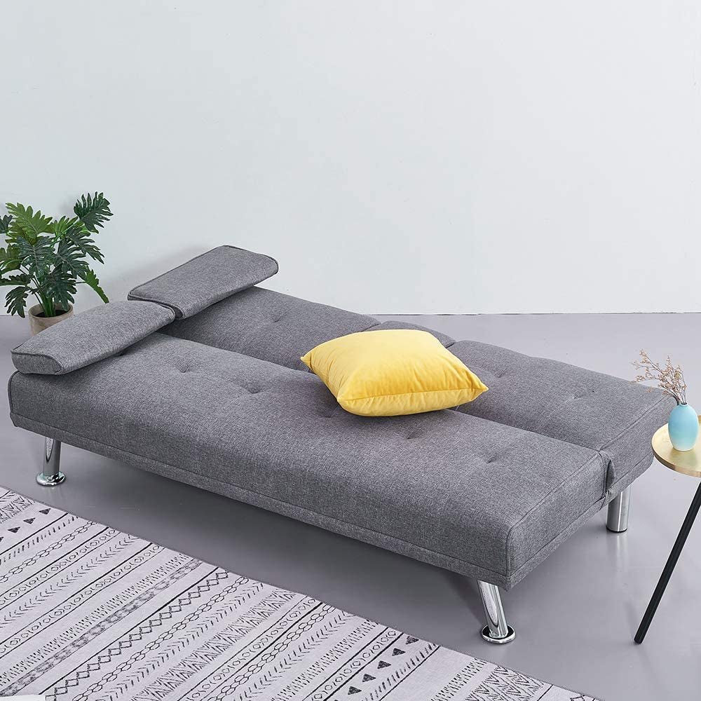 Modern 3 Seater Sofa Bed Line Fabric Sofa Couch Settee Sleeper with Cup Holders and 2 Free Cushions for Living Room, Grey