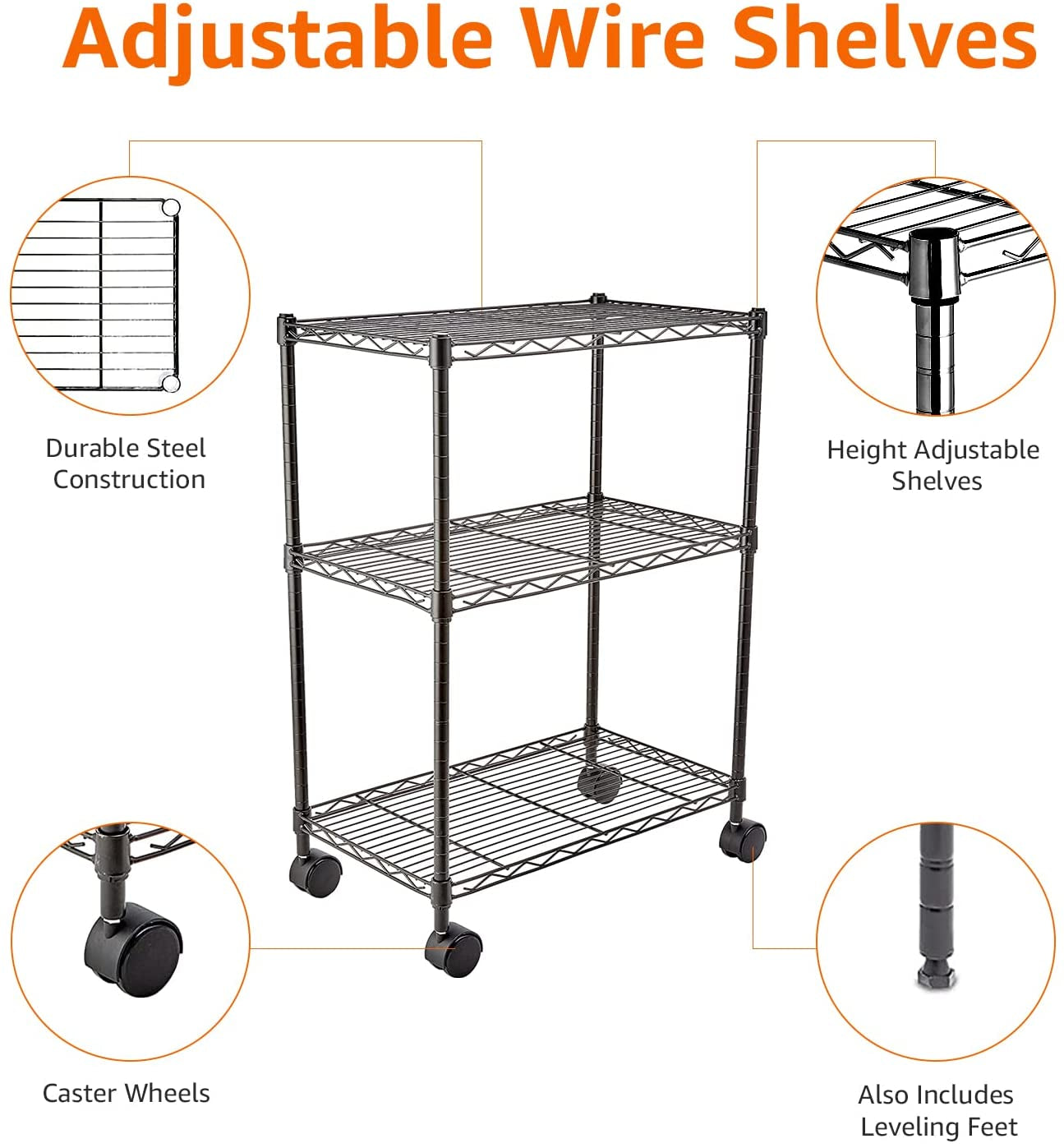 3-Shelf Storage Unit on Wheels with Height Adjustable Shelves and Adjustable Levelling Feet - 340Kg Max Weight, Black