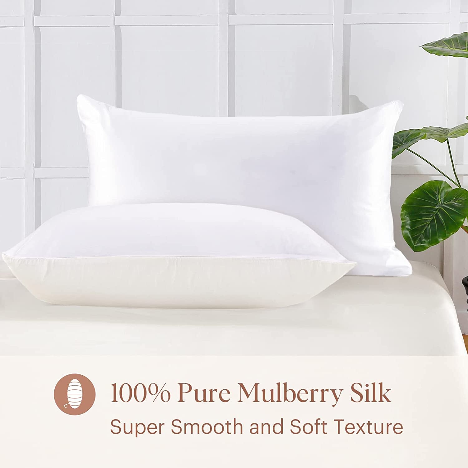 1PC Silk Pillowcase for Hair and Skin, 19 Momme 100% Mulberry Silk with Cotton Underside, Soft Hypoallergenic Silk Bed Pillow Case with Hidden Zipper Bag Package(Standard 50X75Cm, White)