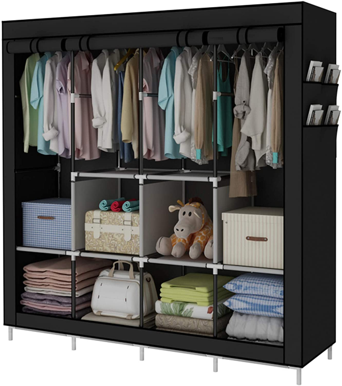 Portable Wardrobe Clothing Wardrobe Shelves Clothes Storage Organiser with 4 Hanging Rail,Black