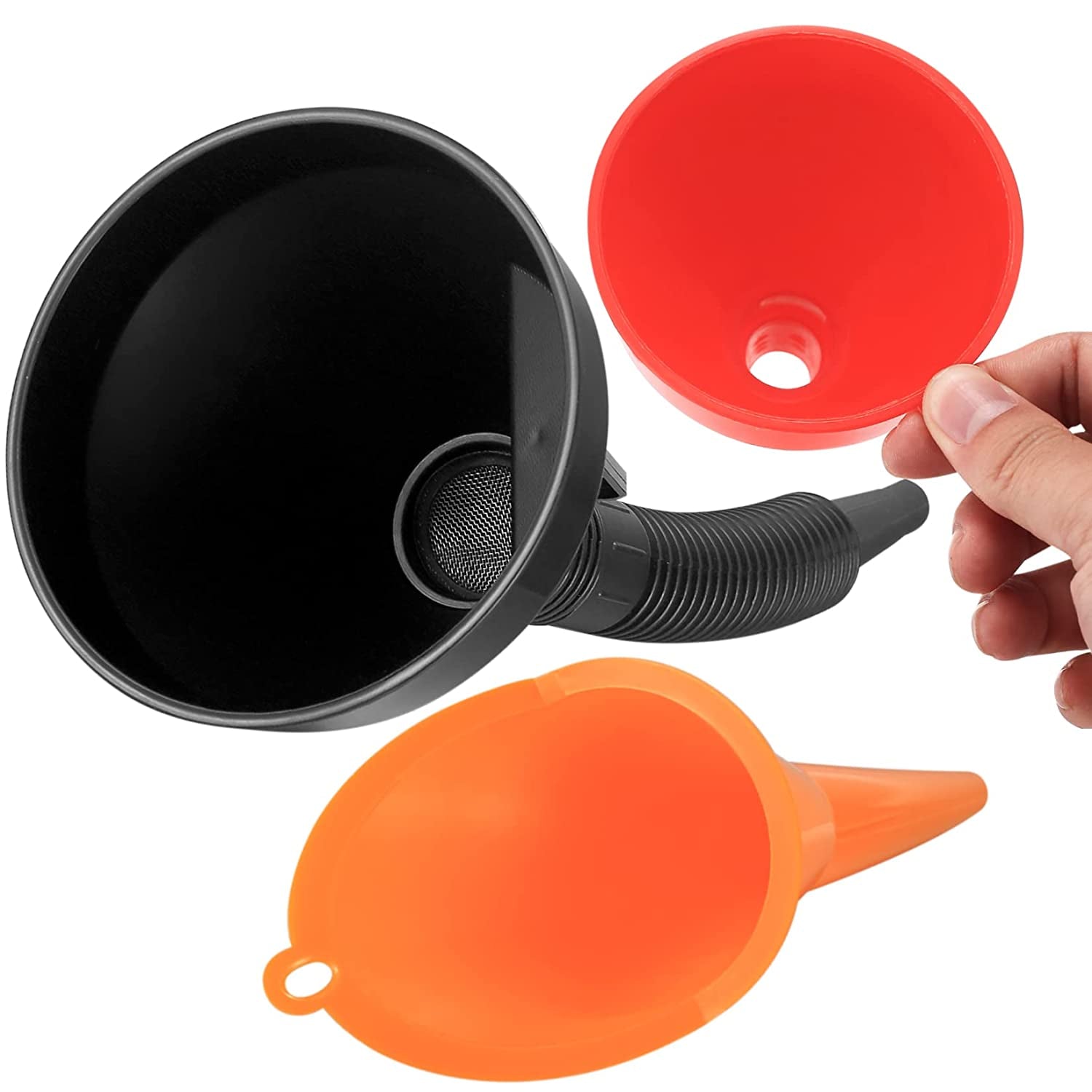 3 Pcs Right Angle Flexible Plastic Funnel Set, Universal Car Gasoline Fuel Petrol Engine Funnel with Detachable Spout and Long Mouth Funnels for Motorcycle Car Automotive - Red/Orange/Black