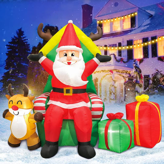 7FT Christmas Inflatable Decoration Santa Claus with Reindeer and Gift Box,Led Lights Holiday Blow up Yard Decoration,For Holiday Party ,Indoor, Outdoor, Garden, Yard Lawn，Winter Decor