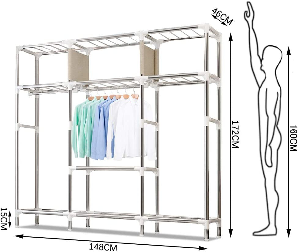 Extra Large Fabric Wardrobe with Compartments and 2 Side Pockets, Textile Wardrobe, Cupboard, Camping Wardrobe with Clothes Rail for Clothing, Dressing Room, Bedroom (British Style)