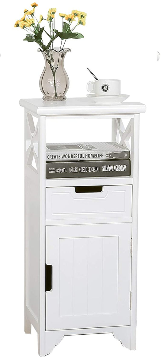 White End Table with Drawer and Shelf - Fully Assembled - Tall Bedside Cabinets/Bedside Table/Bathroom Cabinet/Side Cabinet/Floor Standing Storage Cabinet for Living Room, Bedroom, Hallway