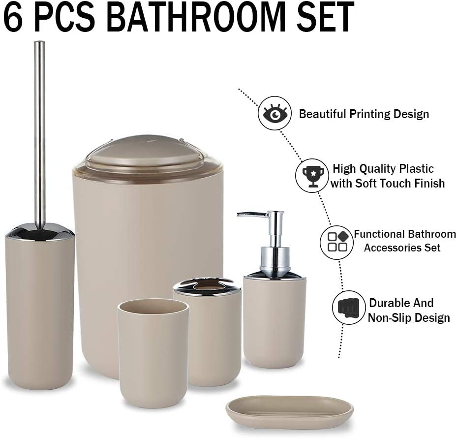 6 Piece Plastic Bathroom Accessory Set Modern Design Bath Accessories Bath Set Lotion Bottles,Toothbrush Holder,Tooth Mug,Soap Dish,Toilet Brush,Rubbish (Beige)