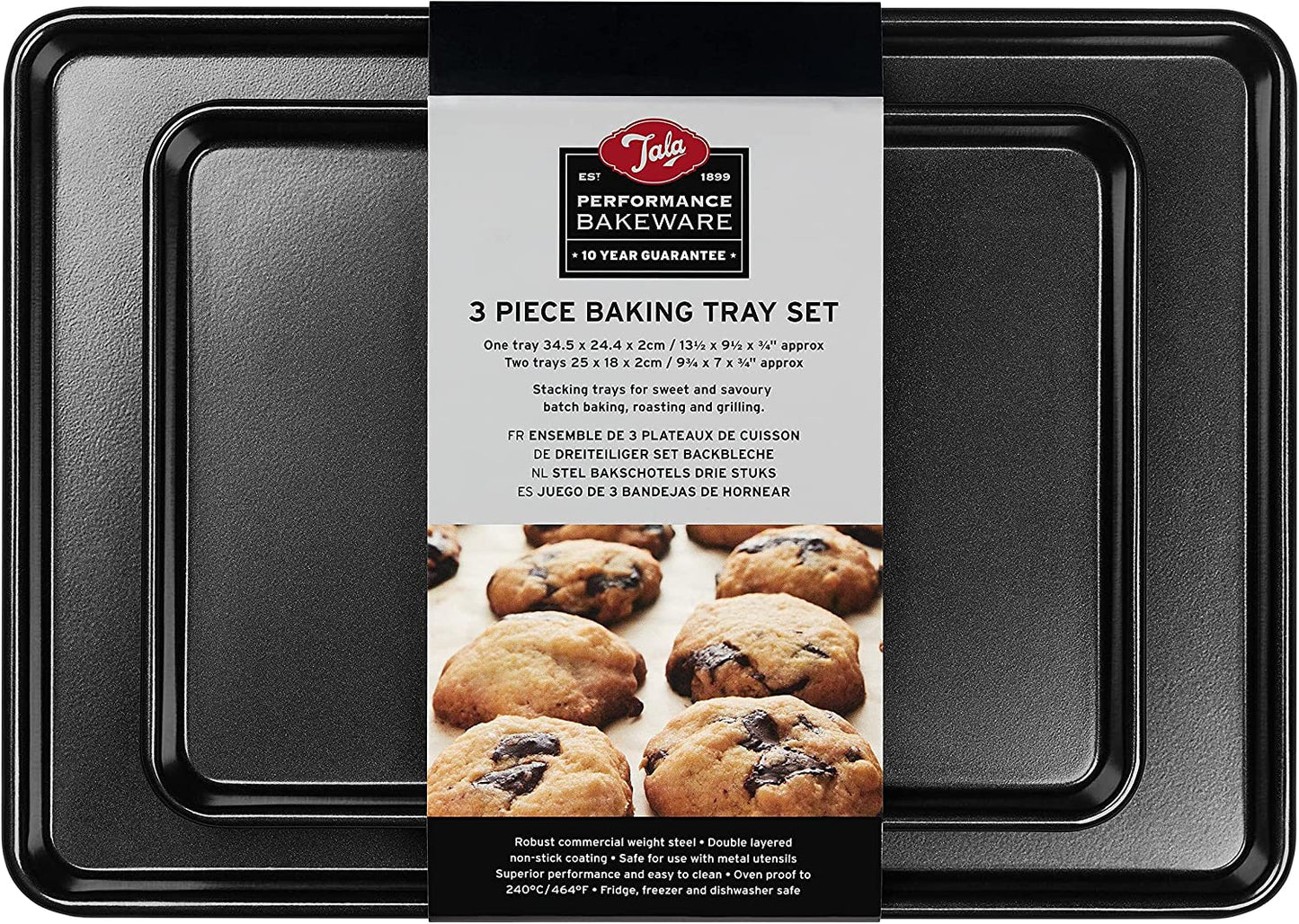 Performance, Set 3 Baking Trays, Professional Gauge Carbon Steel with Eclipse Premuim Non-Stick Coating, Cooking and Roasting, One 34.5 X 24.4Cm Tray, Two 25 X 18Cm Trays