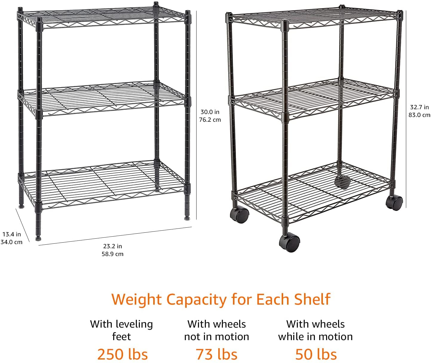 3-Shelf Storage Unit on Wheels with Height Adjustable Shelves and Adjustable Levelling Feet - 340Kg Max Weight, Black