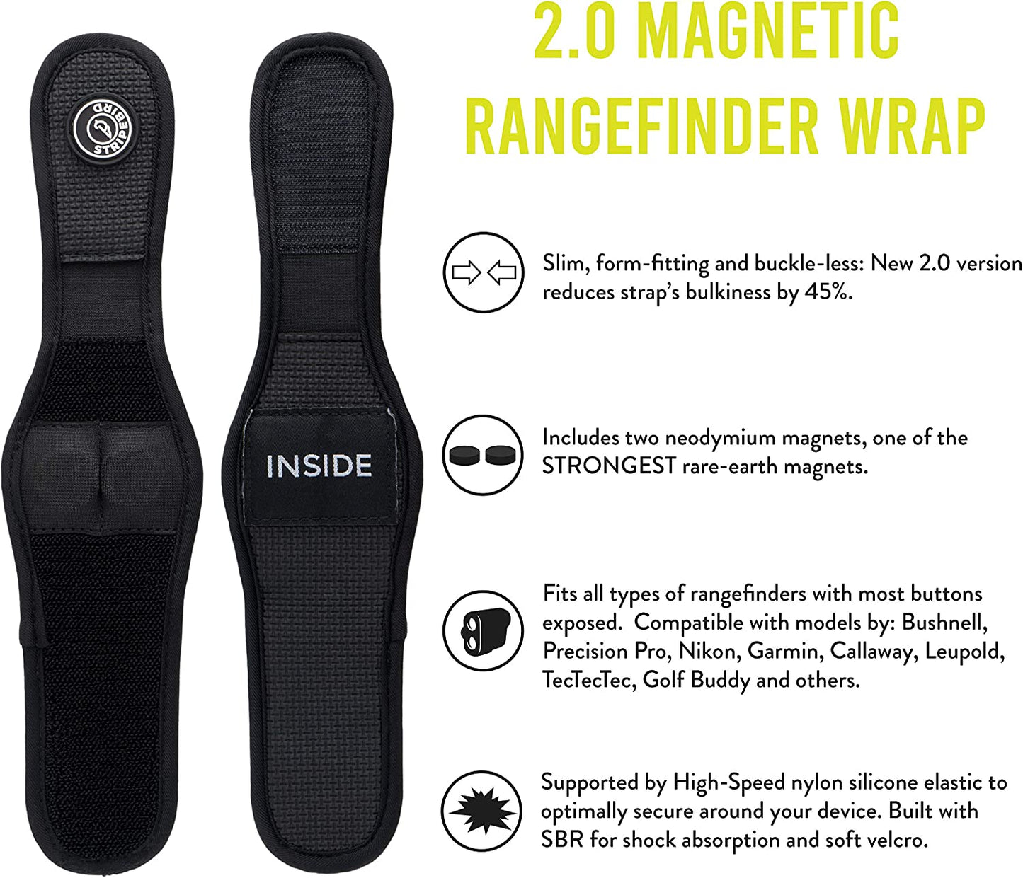 - 2.0 Slim Golf Magnetic Rangefinder Wrap Mount (Form Fitting Strap) - Easily Access Range Finder Device While You Golf - Buckle-Less Strap