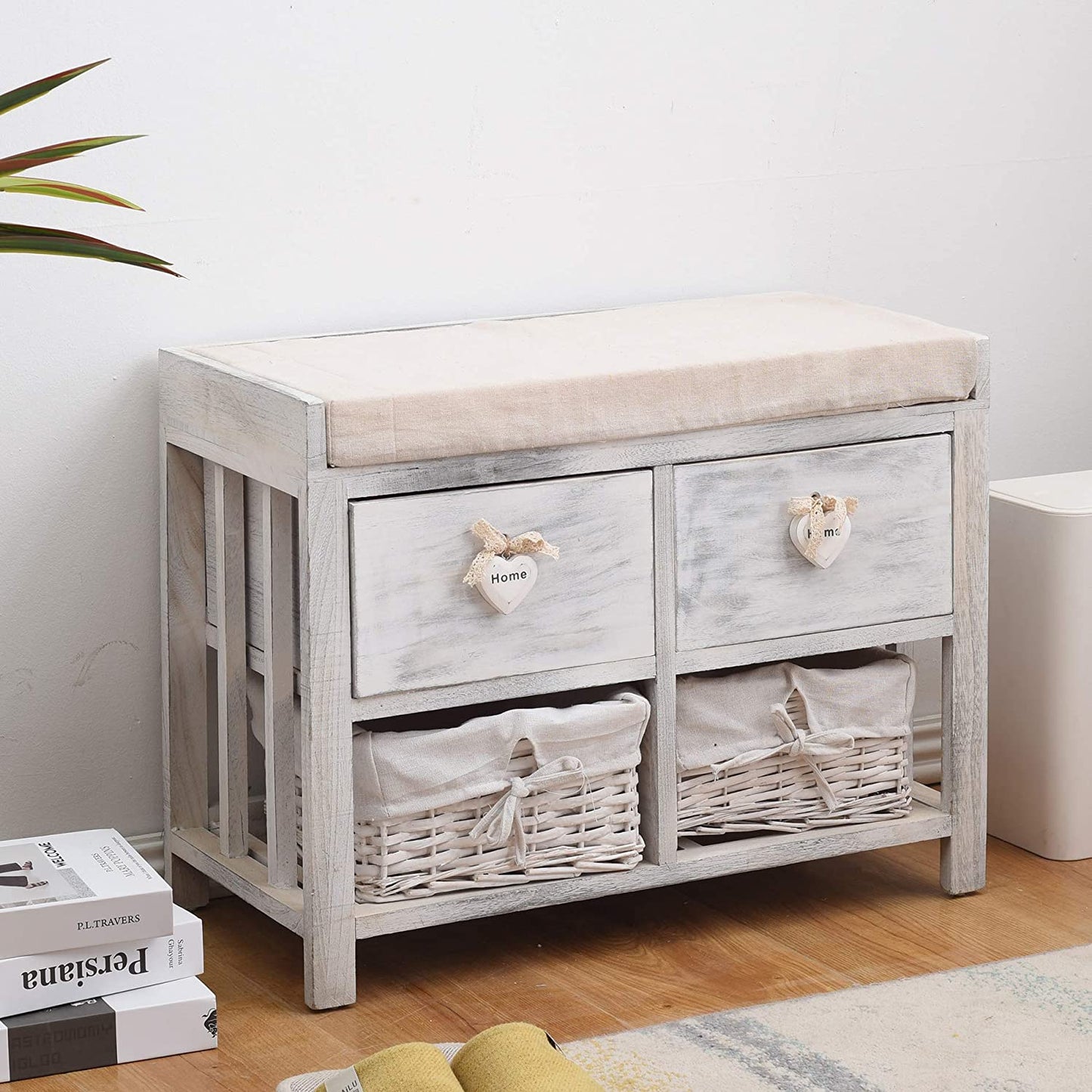 Rebecca Mobili Bench Seat Storage Unit with 2 Drawers Wood White Natural Vintage Bathroom Hall - 46 X 60 X 30 Cm (H X W X D) - Art. RE4553