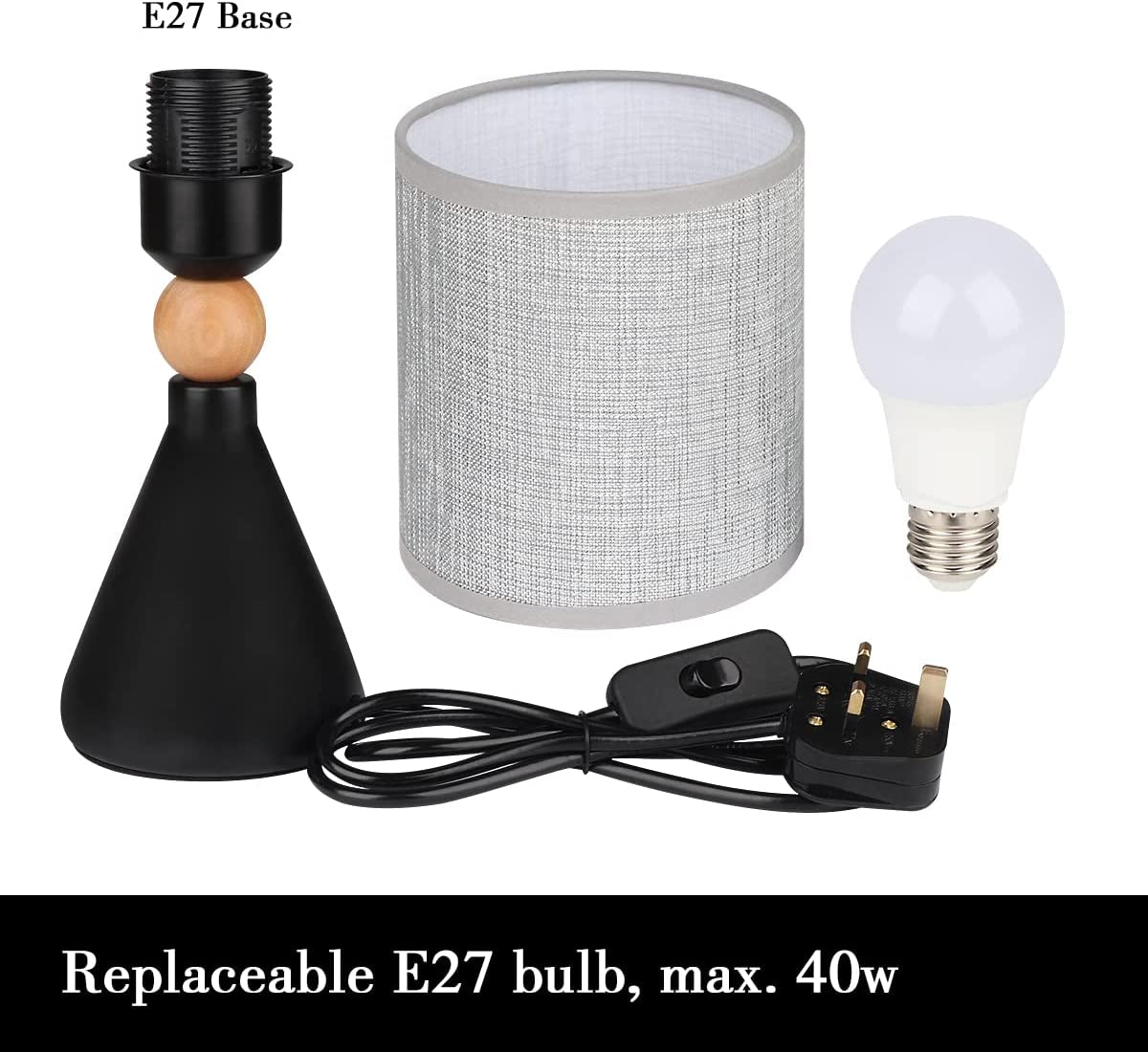ZEDYOE Dimmable Table Lamp LED Warm White Bedside Lamp,With Gray Fabric Lampshade,E27 Base,For Reading,Bedroom,Living Room,Study,Office(7W Bulb Included)