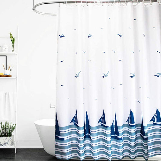 Shower Curtain 180X180-Weighted Hem & anti Mould & Resistant Washable, Blue Sailboat Nautical Bathroom Curtains with 14 Hooks