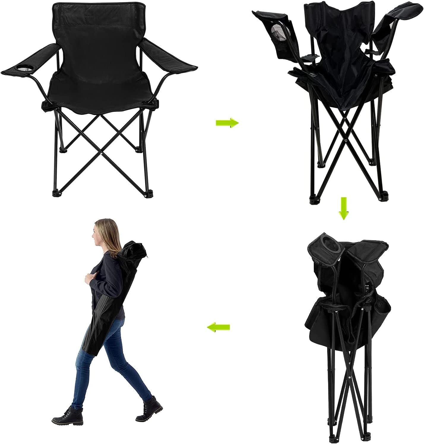 2Packs Lawn Chairs Portable Chair with Strap Bag Beach Chairs Folding Lightweight Sturdy Camping Chairs Beach Chairs with Beverage Holder Black