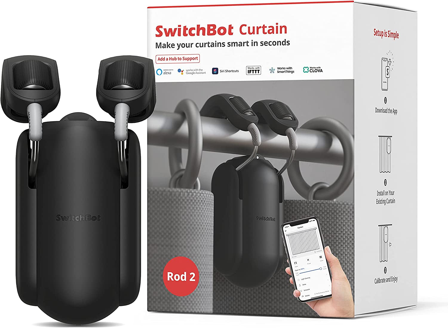 Curtain Smart Opener - Wireless App Automate Timer Control, Add  Hub Mini to Make It Compatible with Alexa, Google Home, Homepod, IFTTT (Curtain Rod 2.0 Version, Black)