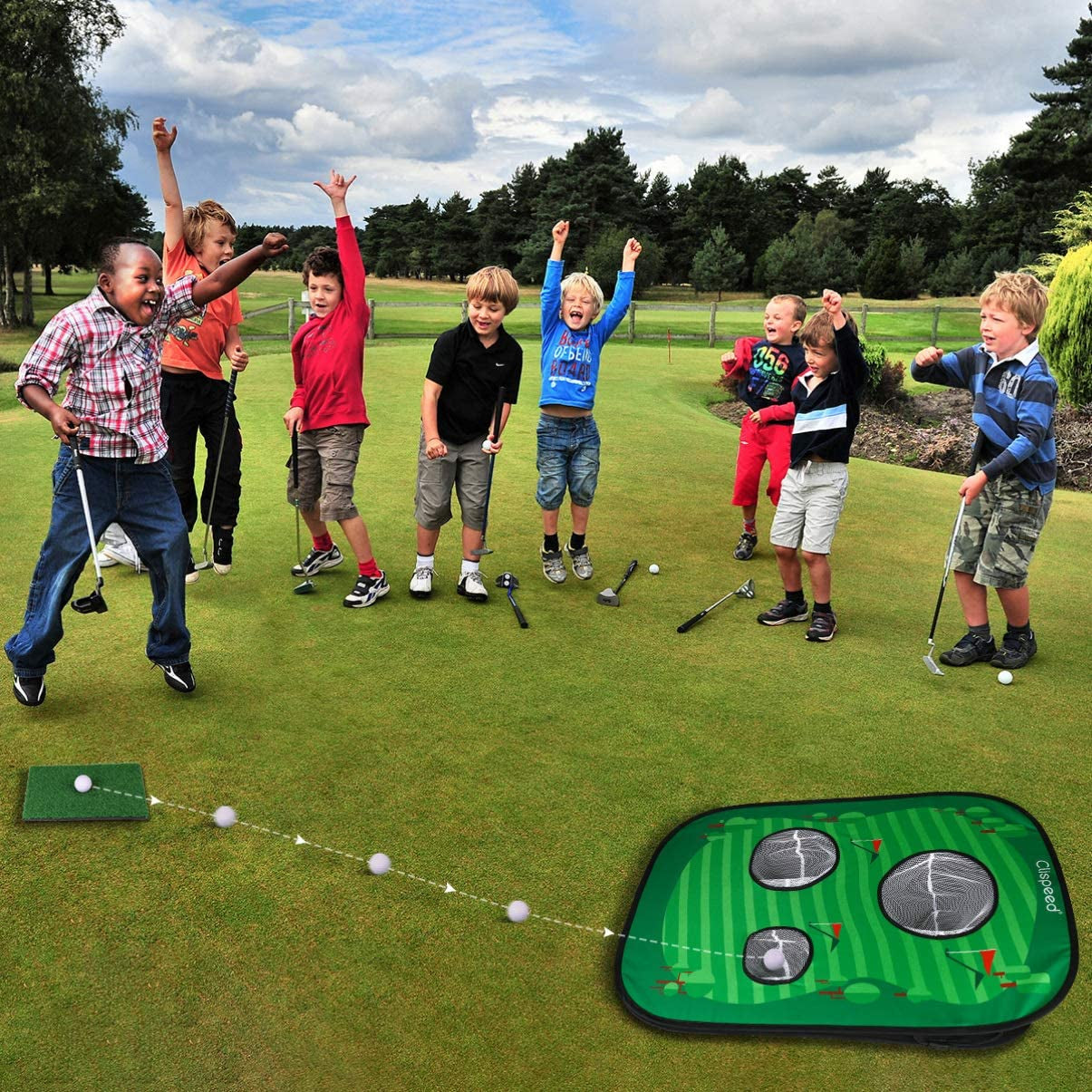 Backyard Golf Cornhole Game Set Pop up Golfing Chipping Net Includes 16 Training Balls,1 Hitting Mat and 4 Stakes