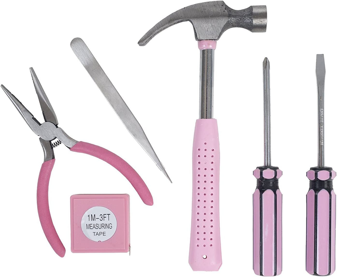 Household Hand Tools, Tool Set - 7 Piece by , Set Includes – Hammer, Screwdriver Set, Pliers (Tool Kit for the Home, Office, or Car) (Pink)