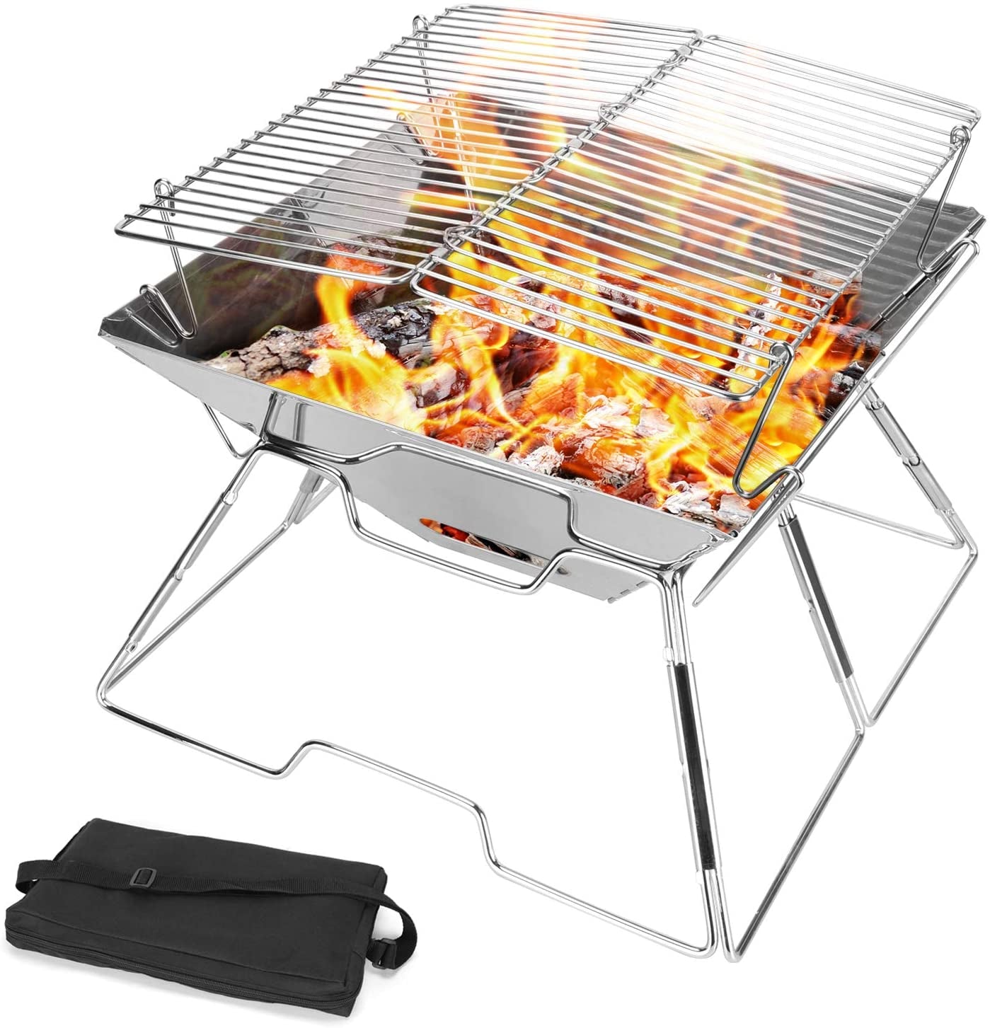 Collapsible Campfire Grill Camping Fire Pit, 304 Stainless Steel Grill Gate, Heavy Duty Portable Camping Grill with Carrying Bag, M