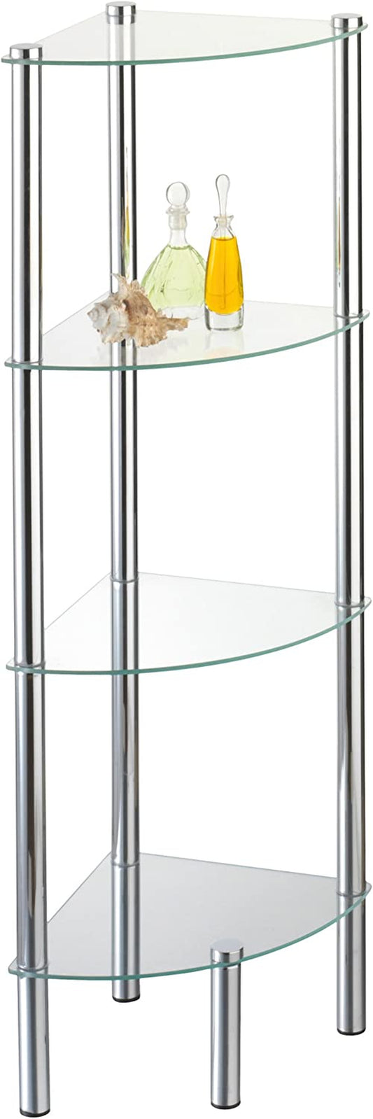 Solanio 282134 Standing Corner Shelf Rack Chrome-Plated 4 Glass Shelves 30X30X108 Cm