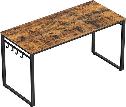 Computer Desk, Writing Desk, Home Office Desk with 8 Hooks, 140 X 60 X 75 Cm, for Study and Bedroom, Easy Assembly, Steel, Industrial Design, Rustic Brown and Black LWD59X